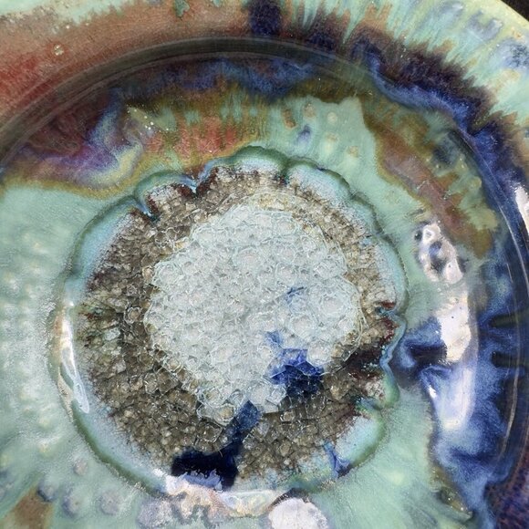 1980s Hand Made Pottery Dish Bowl Large Crystalline Glaze 8inch Recycle Center - Picture 2 of 14